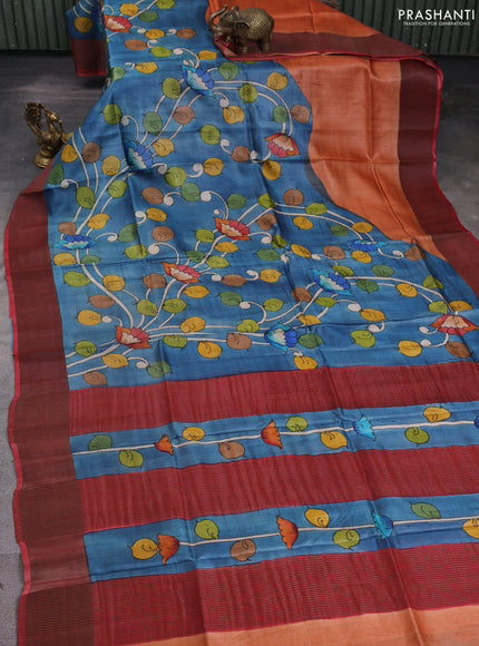 Pure tussar silk saree bluish grey and red with allover kalamkari hand painted prints and zari woven border