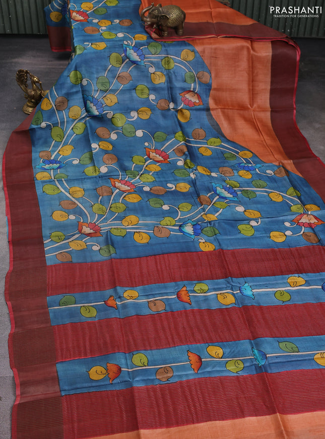 Pure tussar silk saree bluish grey and red with allover kalamkari hand painted prints and zari woven border