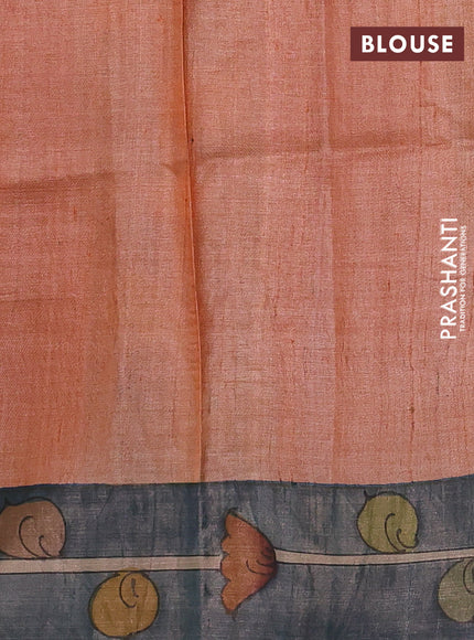 Pure tussar silk saree bluish grey and red with allover kalamkari hand painted prints and zari woven border