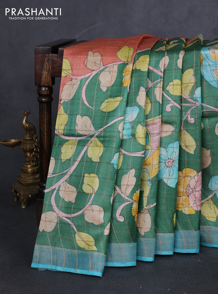 Pure tussar silk saree green and blue with allover kalamkari hand painted prints and zari woven border