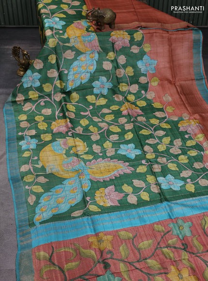 Pure tussar silk saree green and blue with allover kalamkari hand painted prints and zari woven border