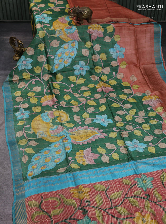 Pure tussar silk saree green and blue with allover kalamkari hand painted prints and zari woven border