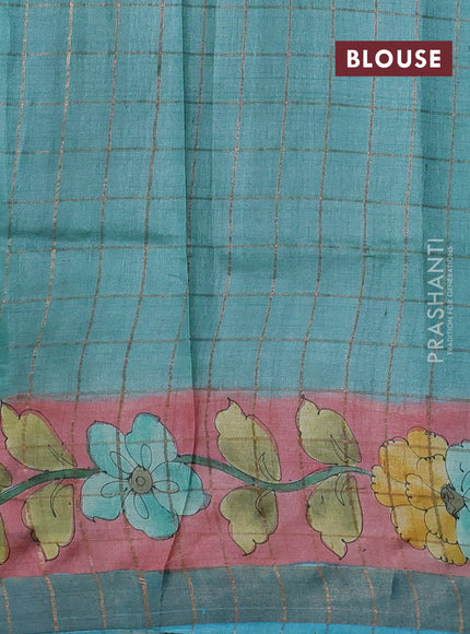 Pure tussar silk saree green and blue with allover kalamkari hand painted prints and zari woven border