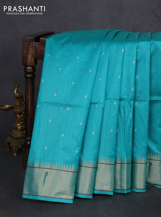 Semi paithani saree teal green with allover zari woven buttas and paithani pallu