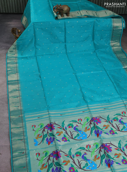 Semi paithani saree teal green with allover zari woven buttas and paithani pallu