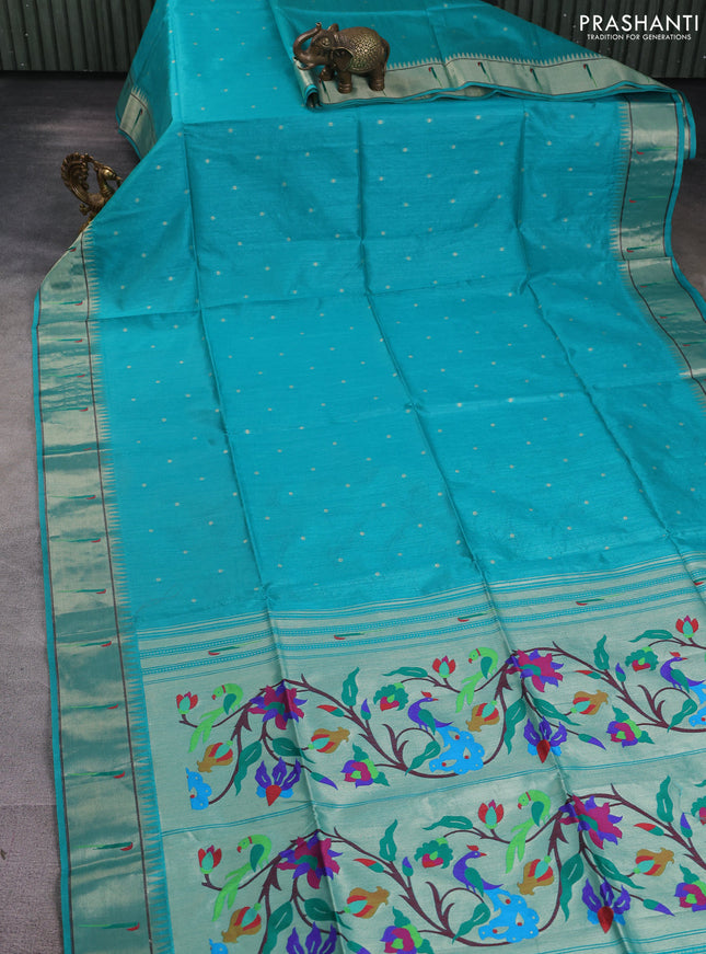 Semi paithani saree teal green with allover zari woven buttas and paithani pallu