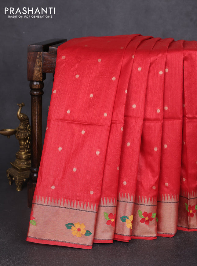Semi paithani saree red with allover zari woven buttas and paithani pallu