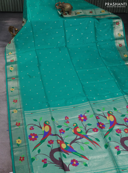 Semi paithani saree teal green with allover zari woven buttas and paithani pallu