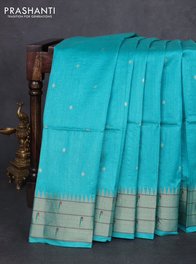 Semi paithani saree teal green with allover zari woven buttas and paithani pallu