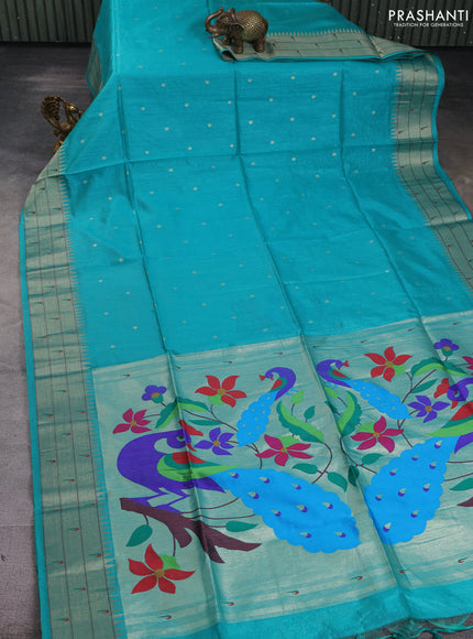 Semi paithani saree teal green with allover zari woven buttas and paithani pallu