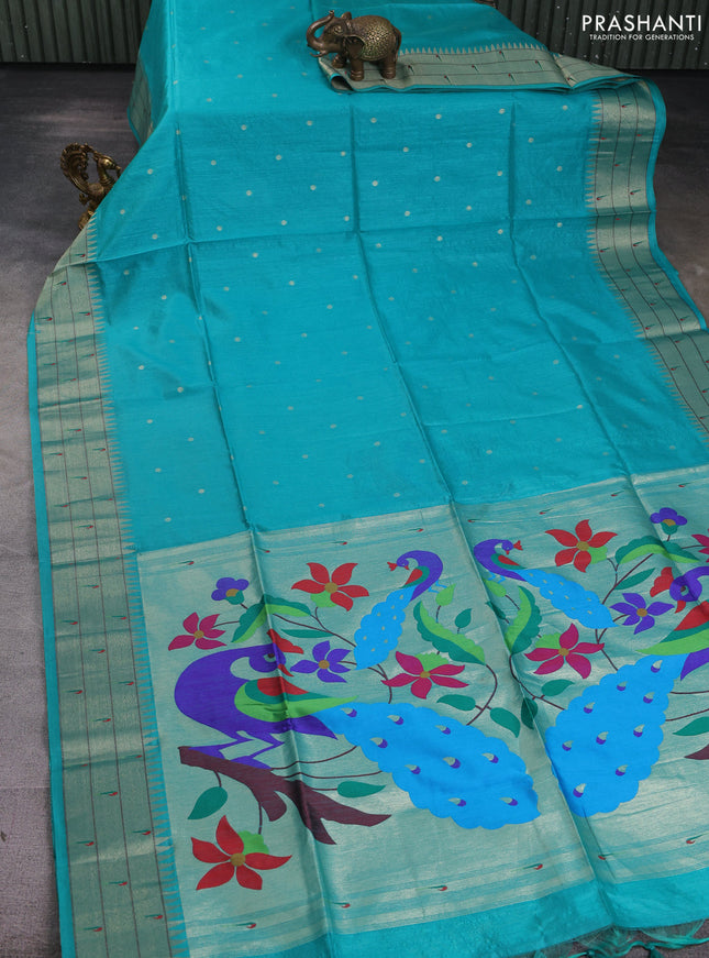Semi paithani saree teal green with allover zari woven buttas and paithani pallu
