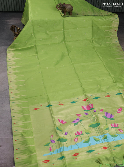 Semi paithani saree light green with allover zari woven buttas and paithani pallu