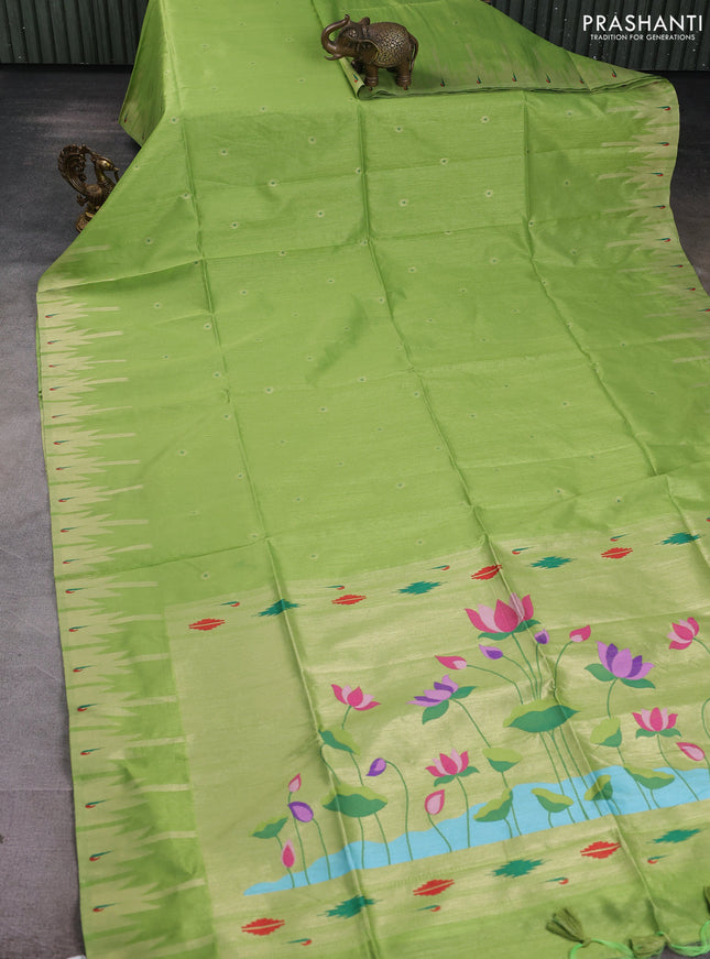 Semi paithani saree light green with allover zari woven buttas and paithani pallu