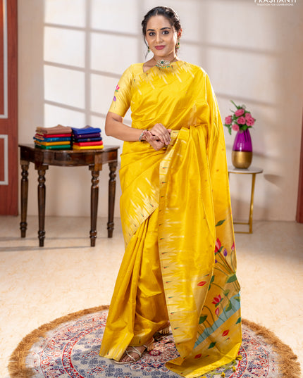 Semi paithani saree yellow with allover zari woven buttas and paithani pallu