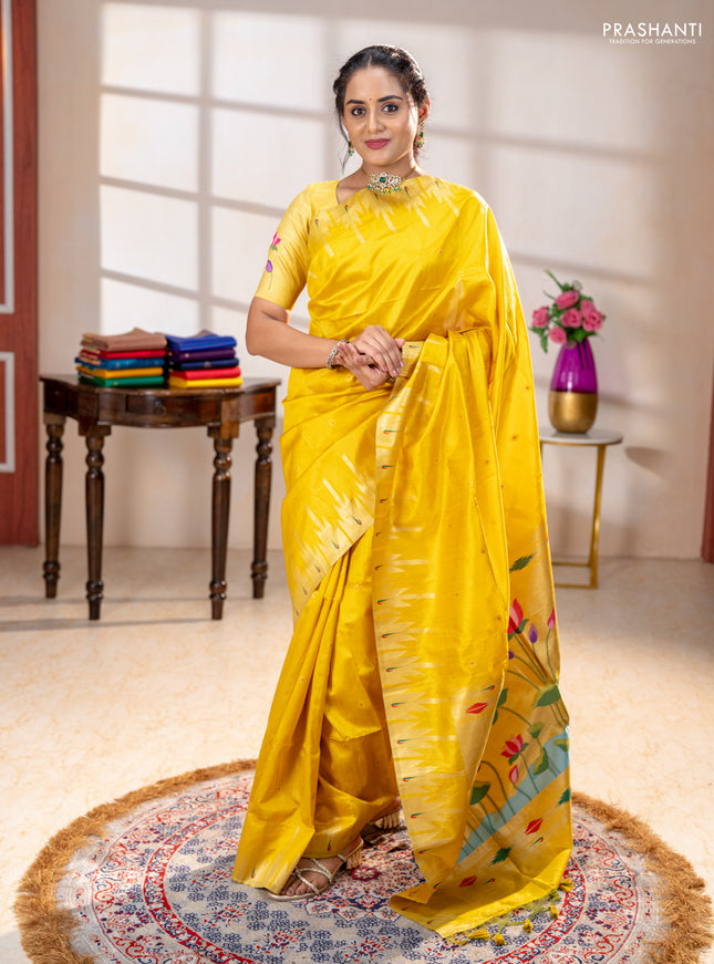 Semi paithani saree yellow with allover zari woven buttas and paithani pallu