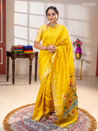 Semi paithani saree yellow with allover zari woven buttas and paithani pallu