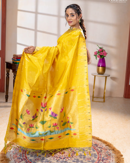 Semi paithani saree yellow with allover zari woven buttas and paithani pallu