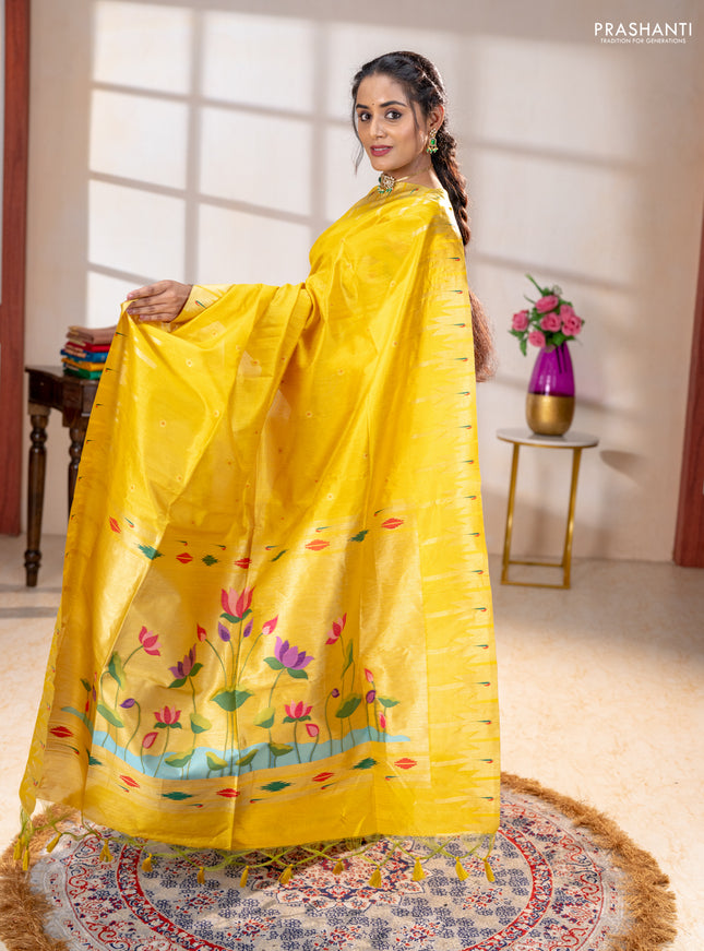 Semi paithani saree yellow with allover zari woven buttas and paithani pallu