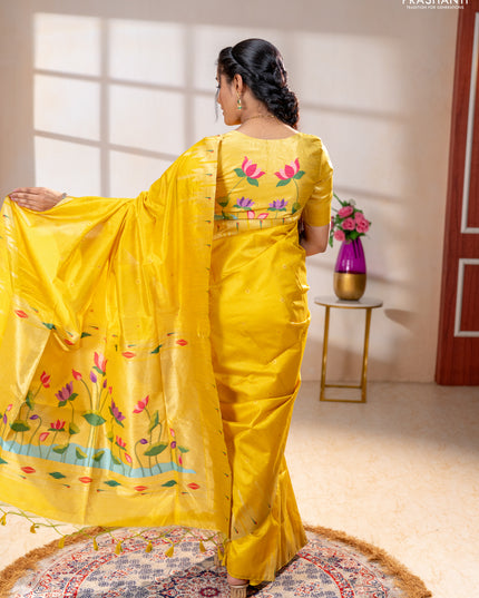 Semi paithani saree yellow with allover zari woven buttas and paithani pallu