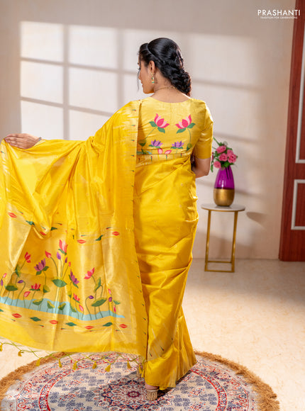 Semi paithani saree yellow with allover zari woven buttas and paithani pallu