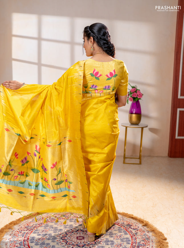 Semi paithani saree yellow with allover zari woven buttas and paithani pallu