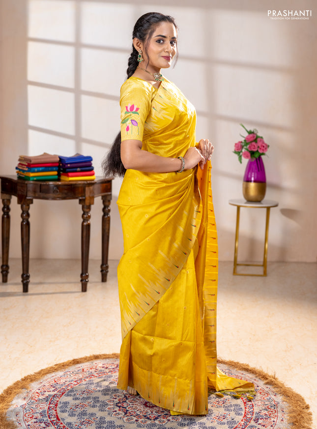 Semi paithani saree yellow with allover zari woven buttas and paithani pallu