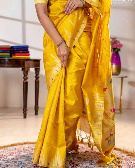 Semi paithani saree yellow with allover zari woven buttas and paithani pallu