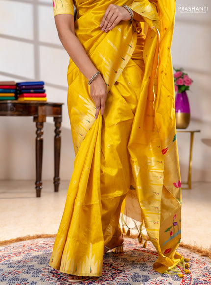 Semi paithani saree yellow with allover zari woven buttas and paithani pallu