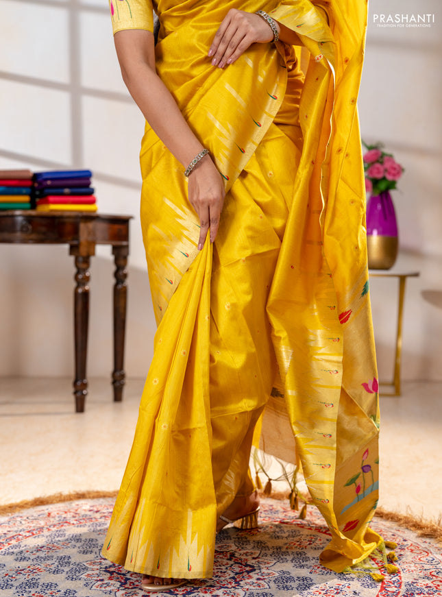 Semi paithani saree yellow with allover zari woven buttas and paithani pallu