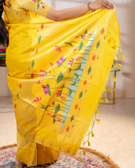 Semi paithani saree yellow with allover zari woven buttas and paithani pallu