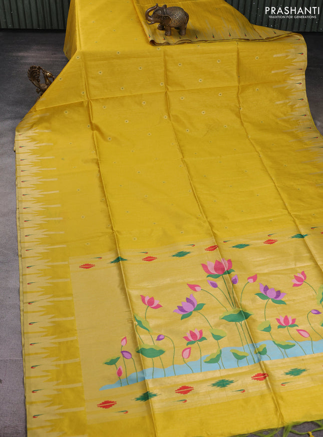 Semi paithani saree yellow with allover zari woven buttas and paithani pallu
