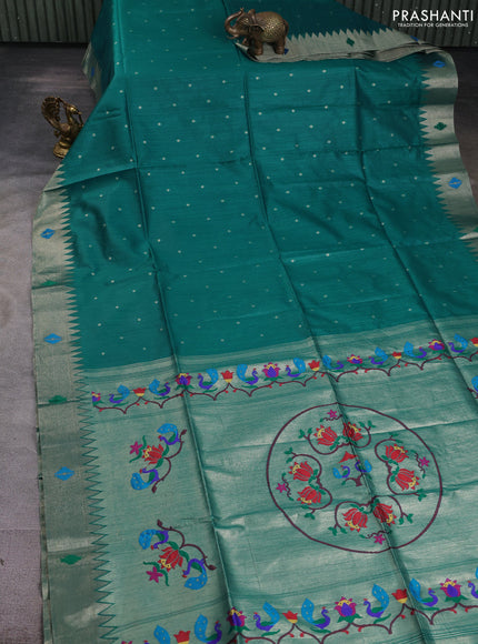 Semi paithani saree peacock green with allover zari woven buttas and paithani pallu