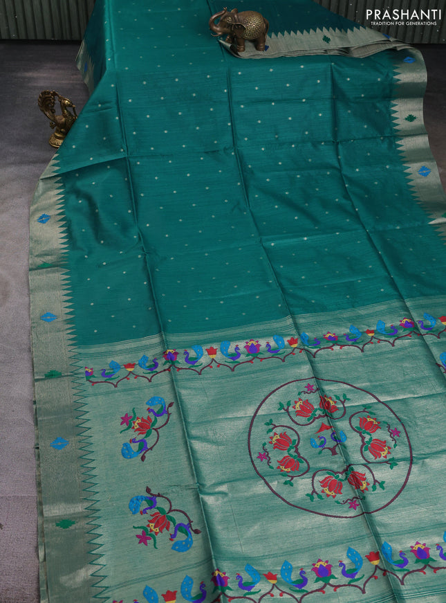 Semi paithani saree peacock green with allover zari woven buttas and paithani pallu