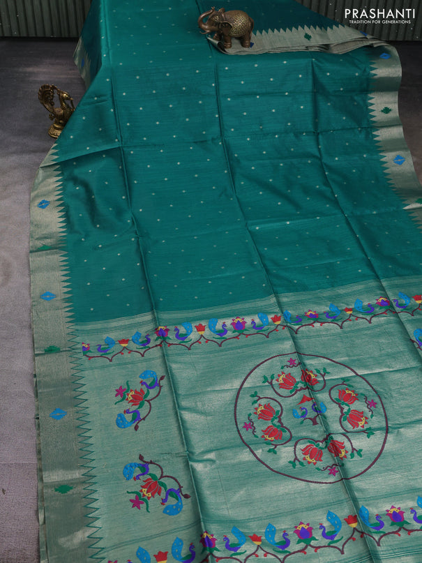 Semi paithani saree peacock green with allover zari woven buttas and paithani pallu