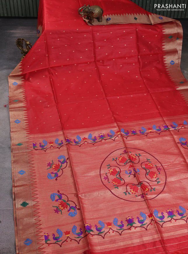 Semi paithani saree red with allover zari woven buttas and paithani pallu