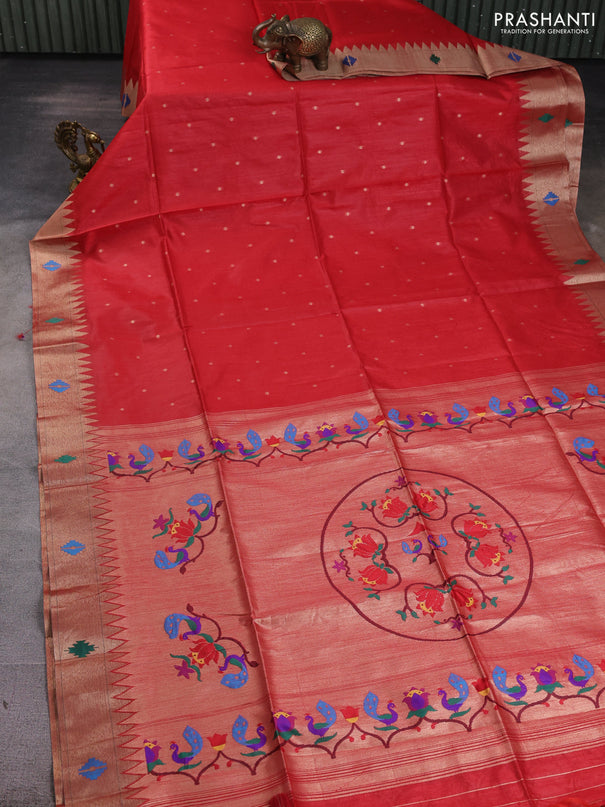 Semi paithani saree red with allover zari woven buttas and paithani pallu
