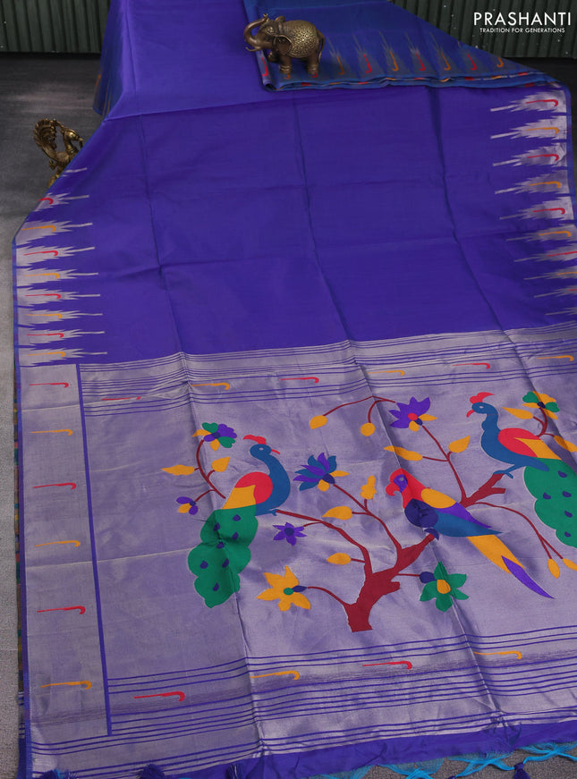 Semi paithani saree blue with plain body and paithani pallu