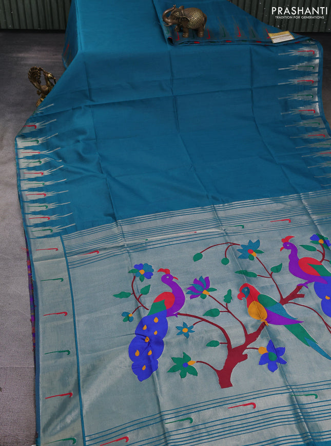 Semi paithani saree peacock green with plain body and paithani pallu