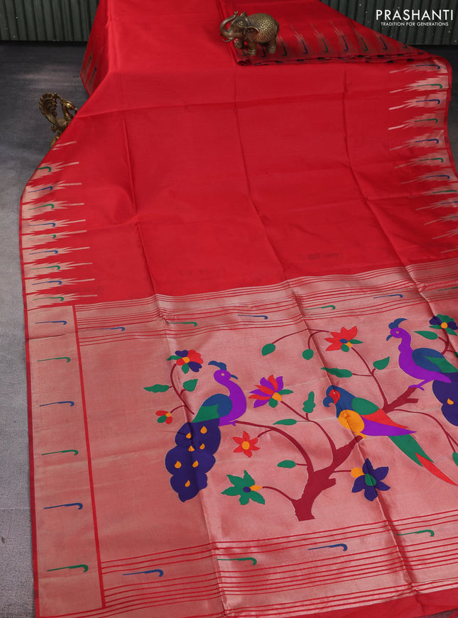 Semi paithani saree red with plain body and paithani pallu