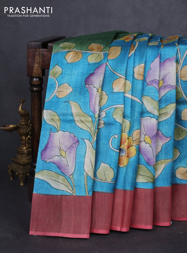 Pure tussar silk saree cs blue and peach pink with allover hand painted prints and zari woven border