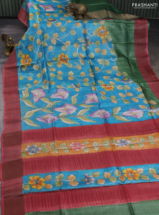 Pure tussar silk saree cs blue and peach pink with allover hand painted prints and zari woven border
