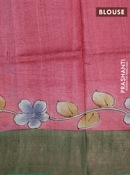 Pure tussar silk saree cs blue and peach pink with allover hand painted prints and zari woven border
