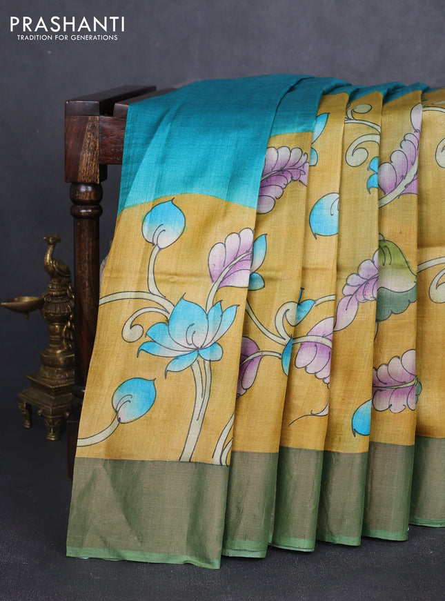 Pure tussar silk saree mustard yellow and pastel green with allover hand painted prints and zari woven border