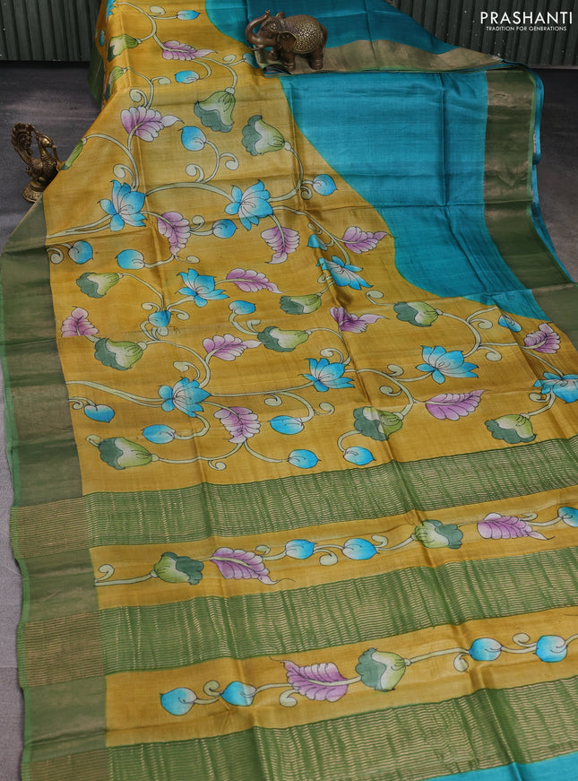 Pure tussar silk saree mustard yellow and pastel green with allover hand painted prints and zari woven border