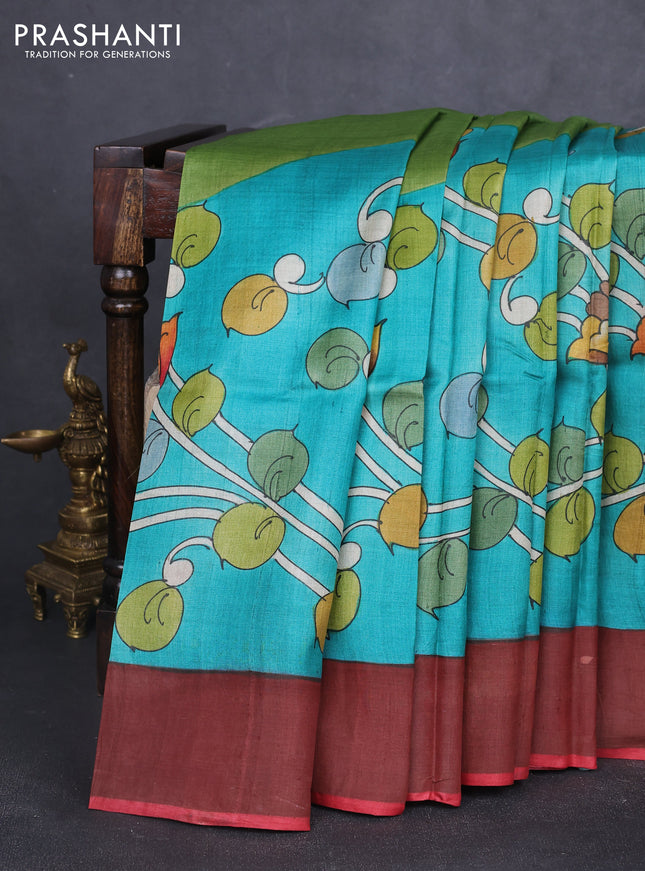 Pure tussar silk saree teal green and peach pink with allover kalamkari hand painted prints and zari woven border