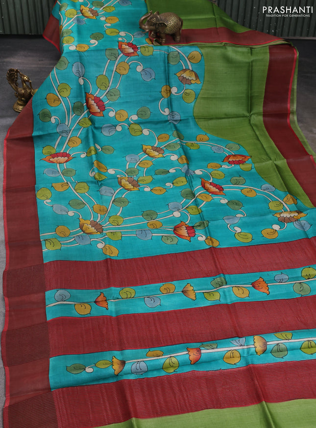 Pure tussar silk saree teal green and peach pink with allover kalamkari hand painted prints and zari woven border