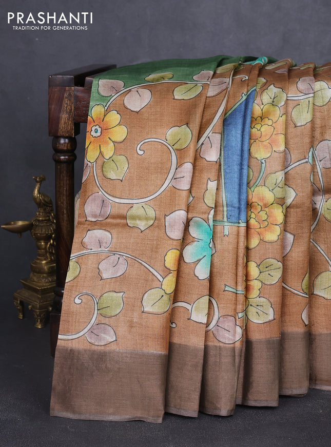 Pure tussar silk saree rust shade and brown with allover hand painted prints and zari woven border