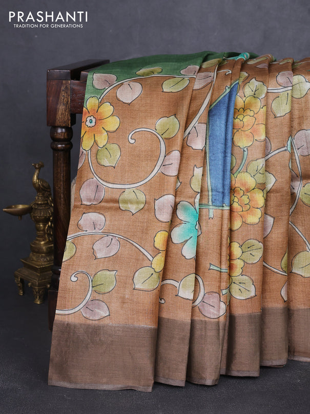 Pure tussar silk saree rust shade and brown with allover hand painted prints and zari woven border