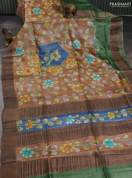 Pure tussar silk saree rust shade and brown with allover hand painted prints and zari woven border