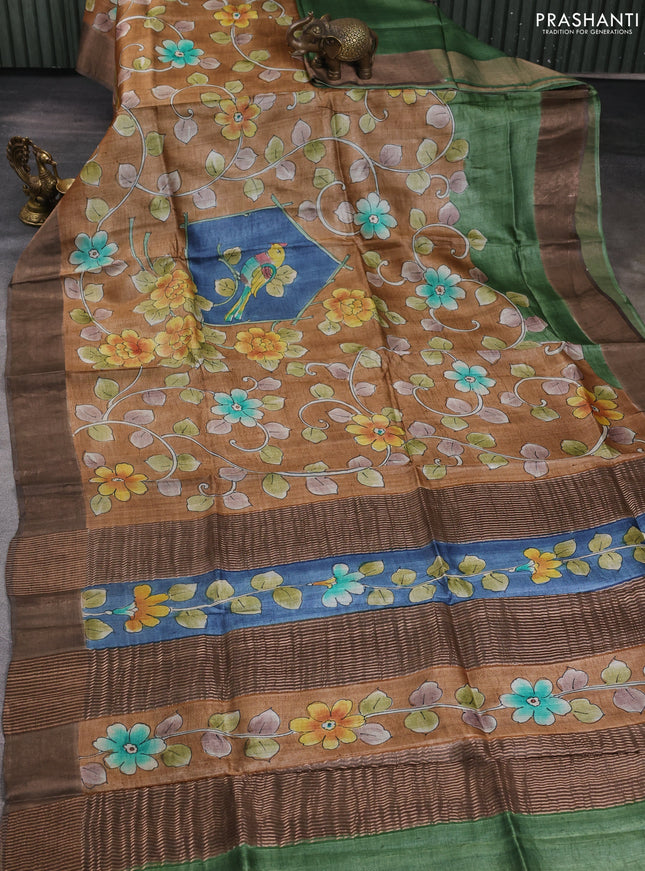 Pure tussar silk saree rust shade and brown with allover hand painted prints and zari woven border